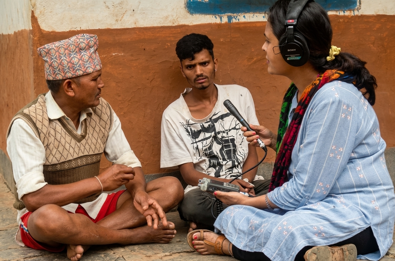 Field journalist conducting an interview in a rural village